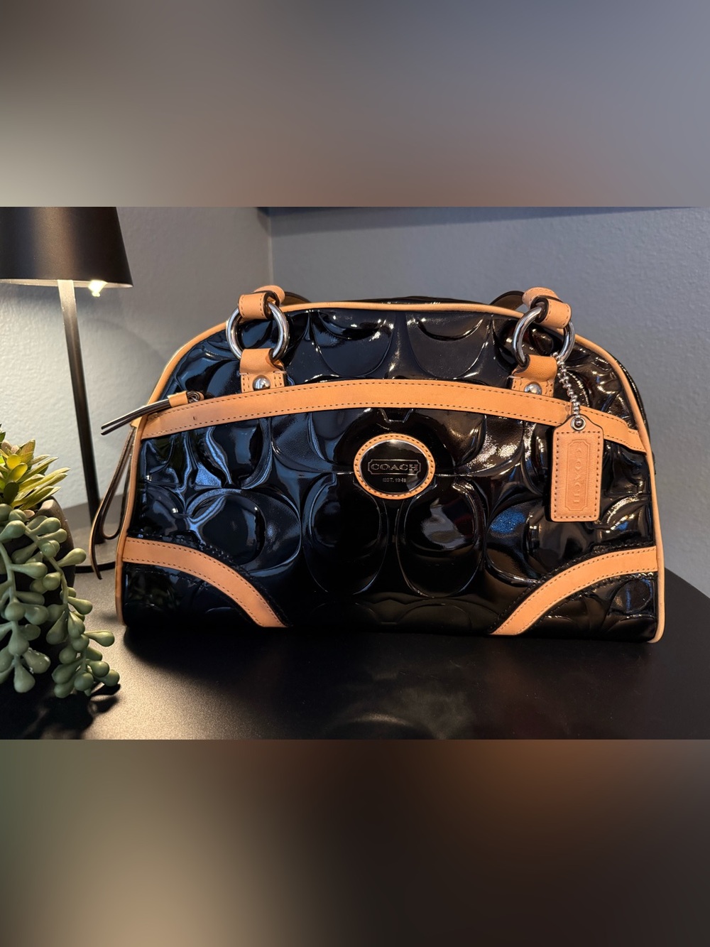 Coach Black Patent Leather Satchel with Tan Trim